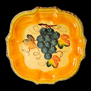 Vintage Italian Pottery Square Scalloped Plate Hand Painted Grapes Signed Italy